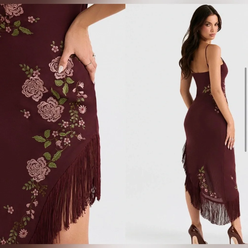 HOUSE OF CB 'Eloisa' Wine Embroidered Midi Dress size L+ - Picture 2 of 16